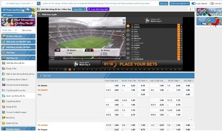 Giao diện đặt cược tại sảnh Thể Thao Ảo Tại 789P