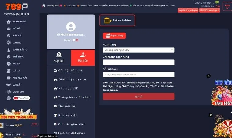 Hướng Dẫn Rút Tiền 789P Nhanh Chóng An Toàn Không Bị Lỗi 2 Giao diện rút tiền 789P