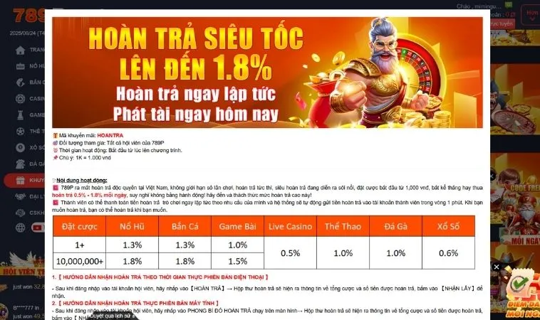 Hoàn Trả Không Giới Hạn Siêu Lợi Nhuận Tại 789P 2 Chương trình khuyến mãi Hoàn Trả Không Giới Hạn tại nhà cái 789P